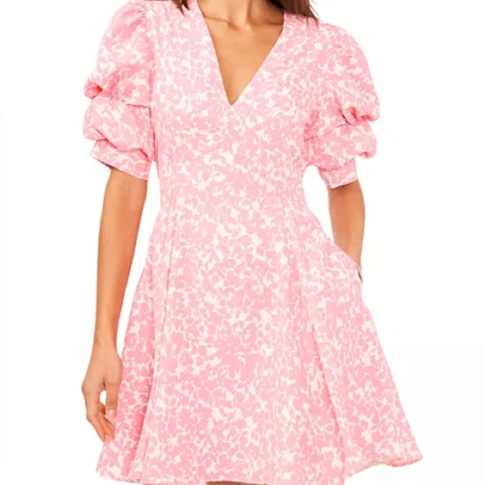 1.STATE Pink White Floral Puff Sleeve Fit & Flare Dress Size Small
